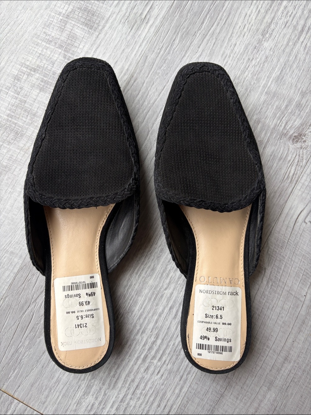Vince Camuto Plenda Black Suede Braided-Trim Slip-On Mules, Size 6 1/2.